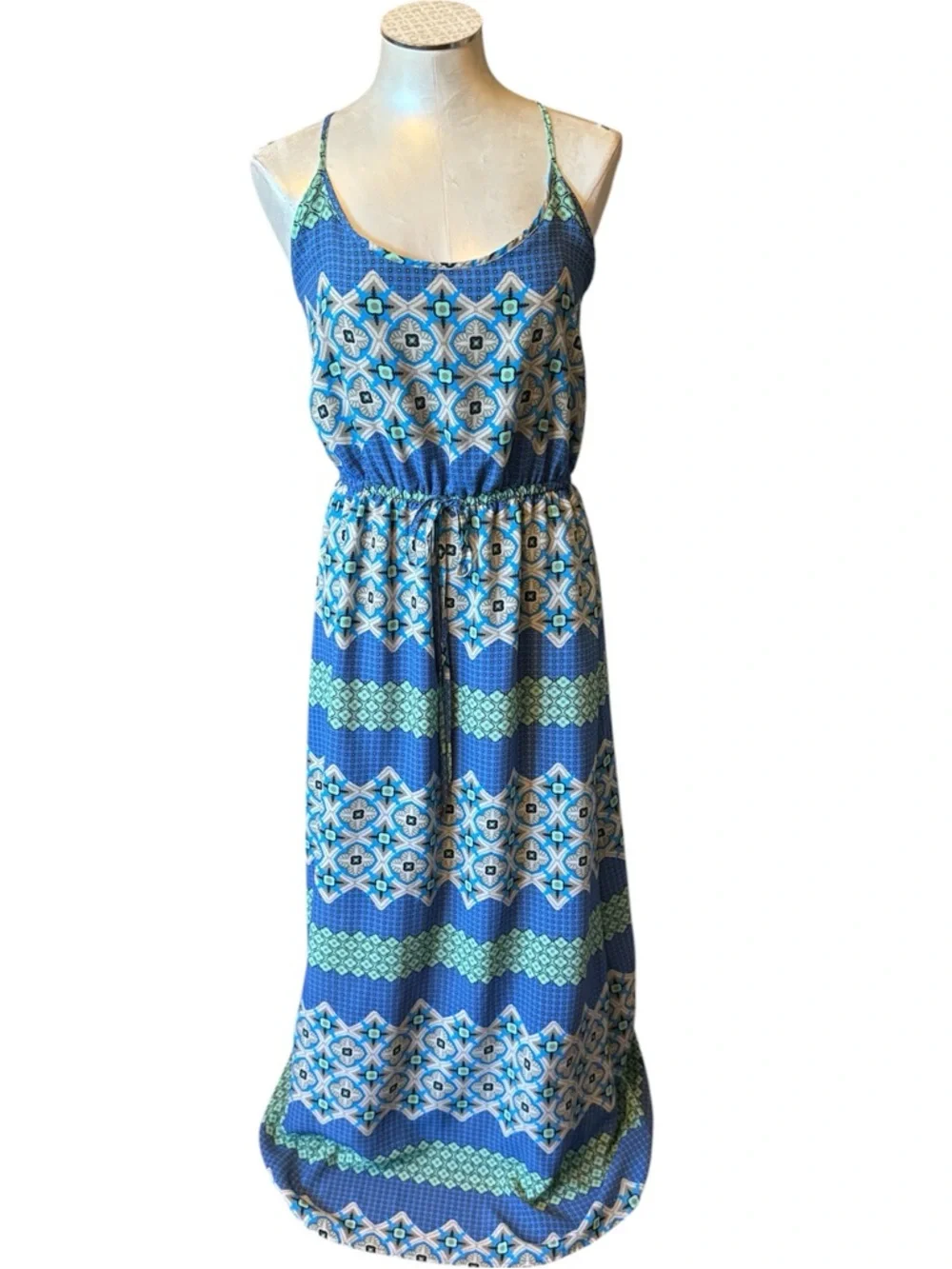 Banana Republic Blue & Aqua Geometric Maxi Dress Spaghetti Strap Size 10 - Picture 3 of 15
